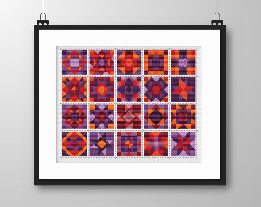 066C - Cross Stitch Chart Patchwork Quilt Block Pattern Squares, Red Purple