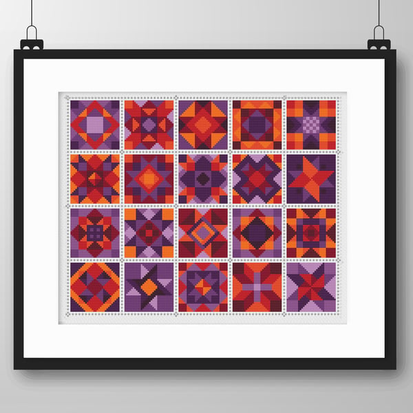 066C - Cross Stitch Chart Patchwork Quilt Block Pattern Squares, Red Purple