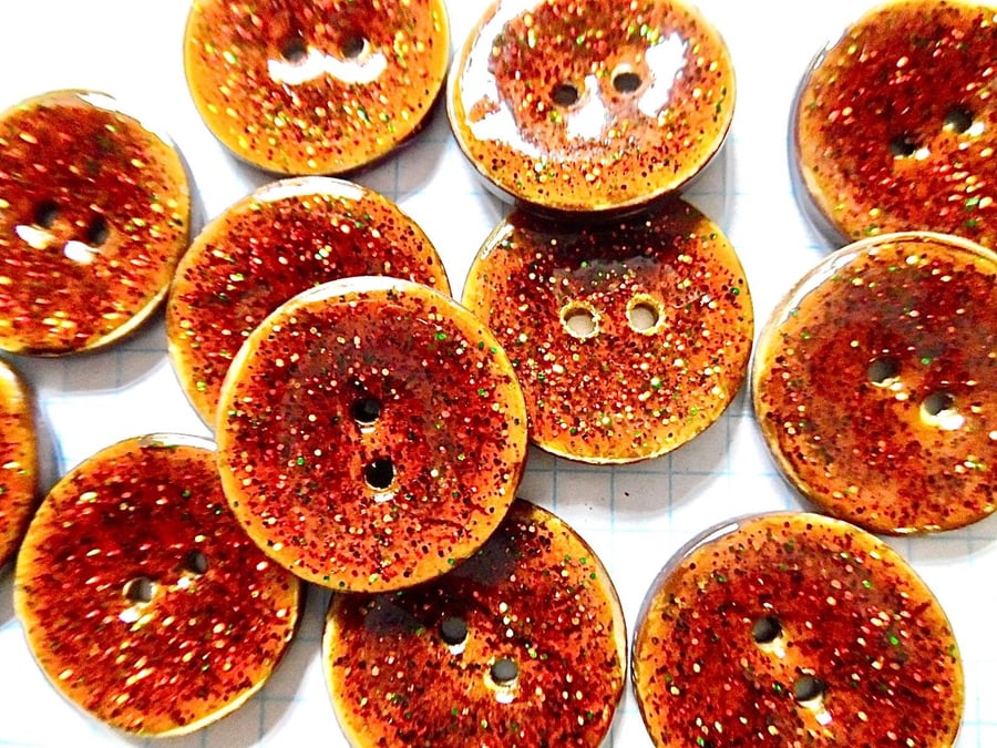 10 x  Brown Coconut Shell, Enamelled, Glitter Buttons