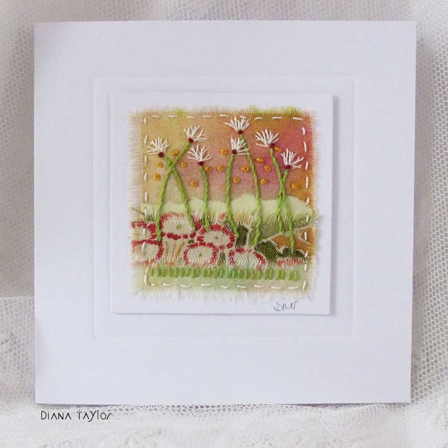 HAND EMBROIDERED GREETING CARD FLORAL GARDEN 