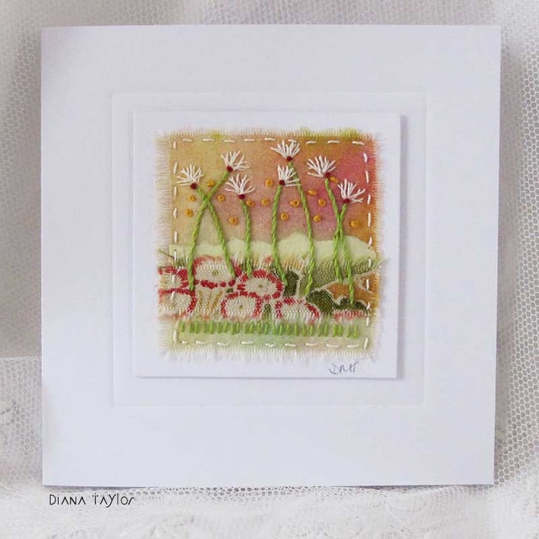 HAND EMBROIDERED GREETING CARD FLORAL GARDEN 