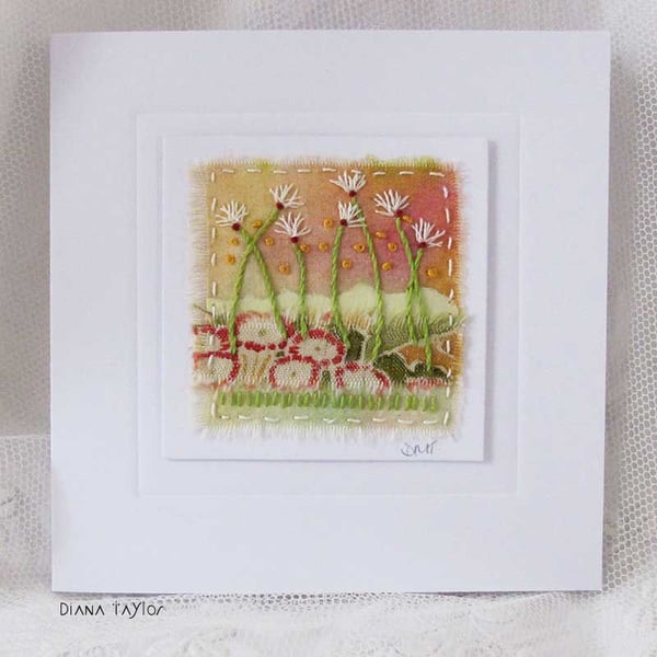 HAND EMBROIDERED GREETING CARD FLORAL GARDEN 