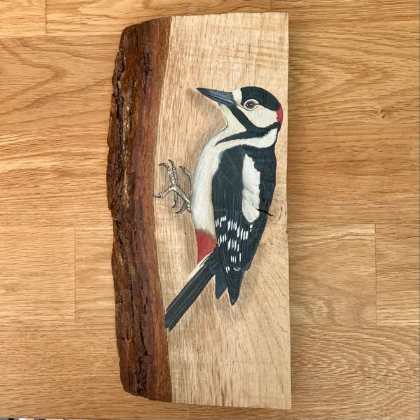 Greater spotted woodpecker original painting on oak
