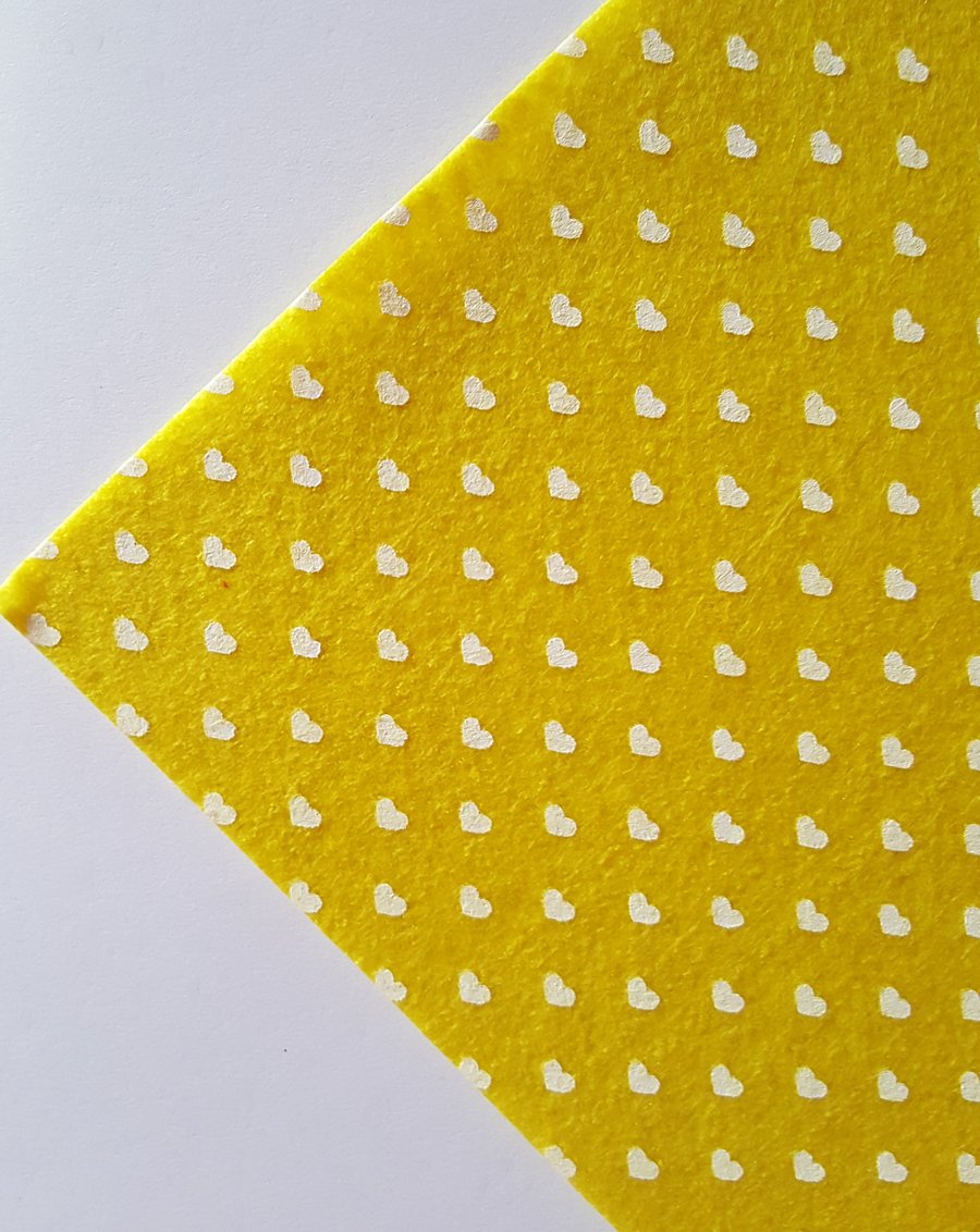 1 x Printed Felt Square - 12" x 12" - Hearts - Bright Yellow 