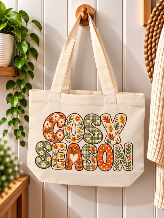 Cosy Season Tote Bag – Autumn Tote Bag with Zip, Fall Leaves & Pumpkin Design