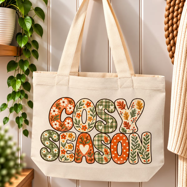 Cosy Season Tote Bag – Autumn Tote Bag with Zip, Fall Leaves & Pumpkin Design