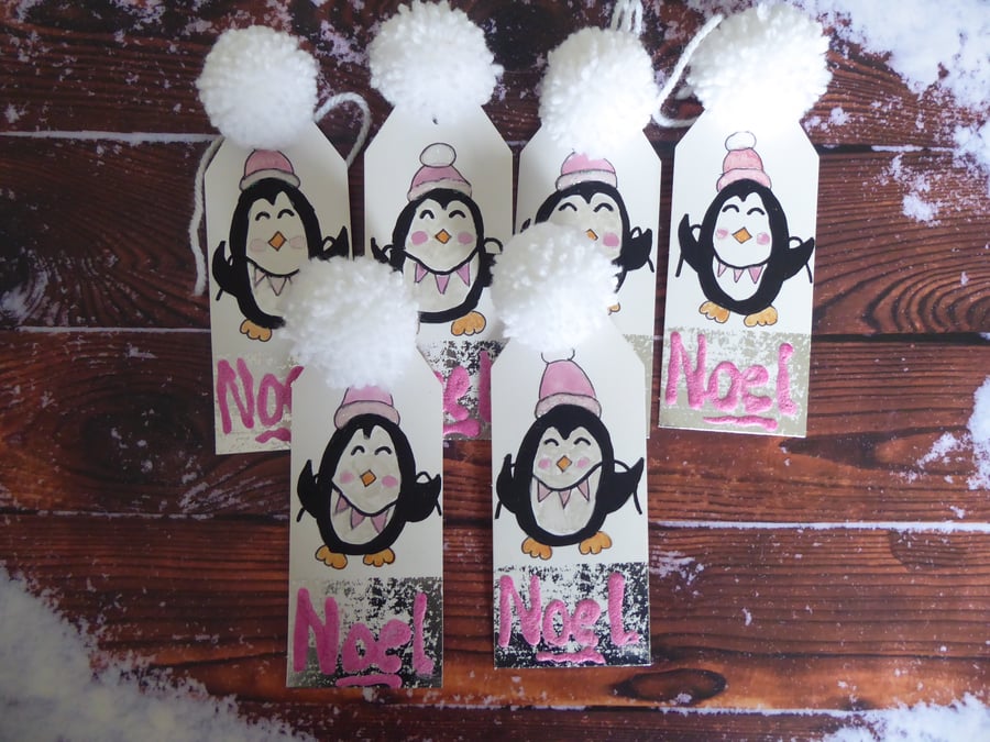 Penguin Handpainted Gift Tag Set - Pink