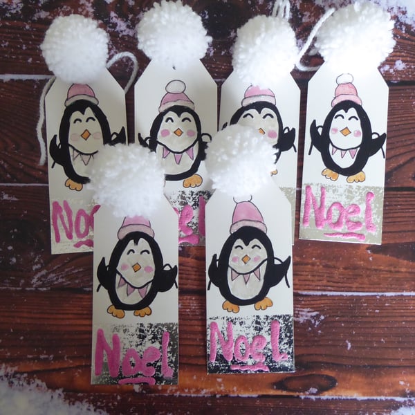 Penguin Handpainted Gift Tag Set - Pink