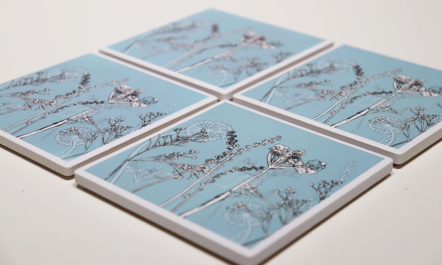 set of four ceramic sandstone coasters featuring cow parsley and seedheads
