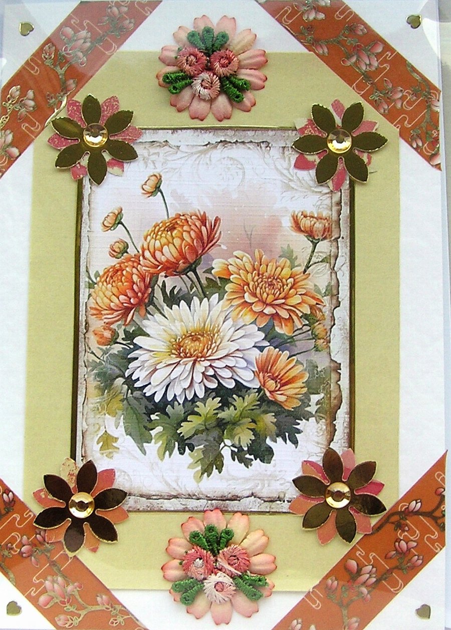 Chrysanthemum Flower Blooms - Hand Crafted Decoupage Greeting Card - Blank 3017