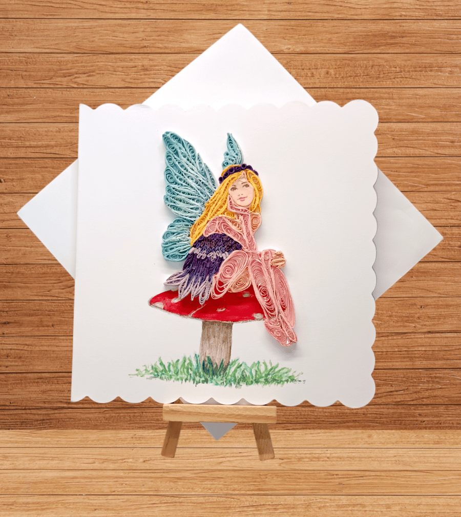 Magical quilled fairy sorting on hand painted toadstool open card