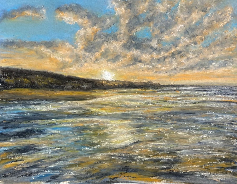 Framed Seascape, Bamburgh Sunset 3. Pastel Painting