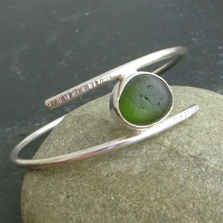 Deep green sea glass bangle, Gift for beach lover