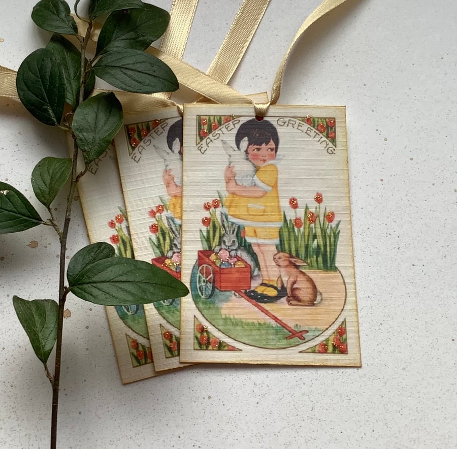 GIFT TAGS . Vintage -style ( set of 3 ) ' Easter Greetings'. Bunny .Tulips. Eggs