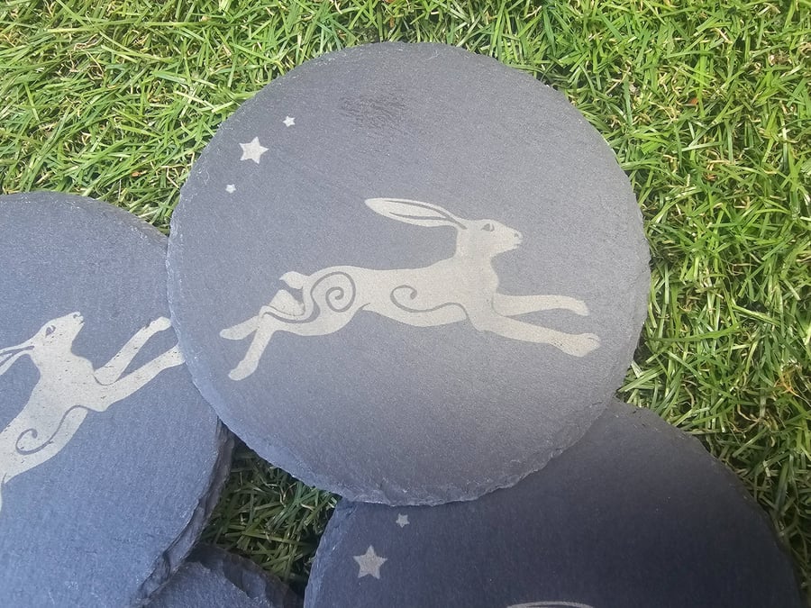 Leaping Hare and Star Design Slate Coaster Folk Folklore Pagan Gift