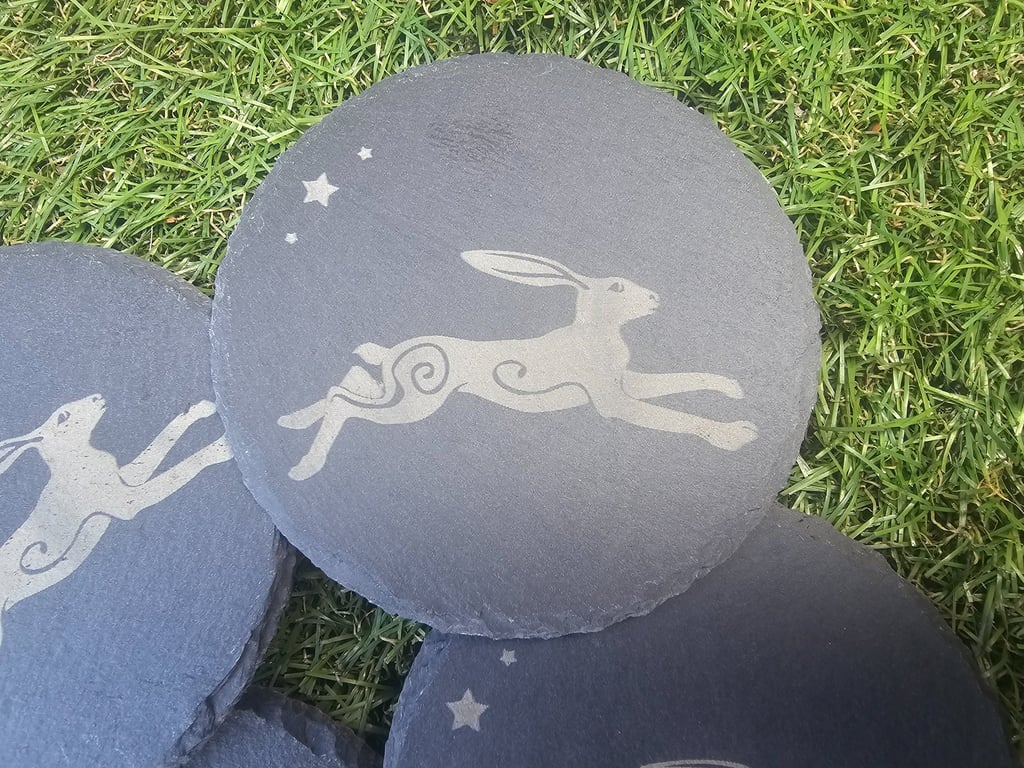 Leaping Hare and Star Design Slate Coaster Folk Folklore Pagan Gift