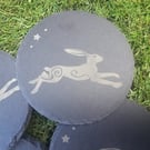Leaping Hare and Star Design Slate Coaster Folk Folklore Pagan Gift