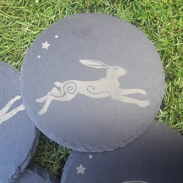 Leaping Hare and Star Design Slate Coaster Folk Folklore Pagan Gift