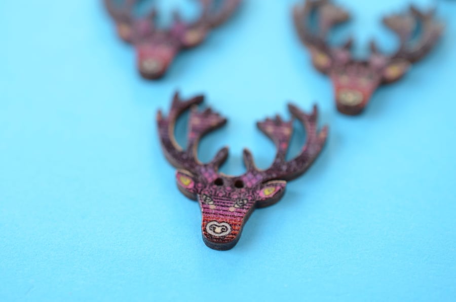 Wooden Stag Buttons Purple 6pk 30x30mm Deer Antlers (STG8)