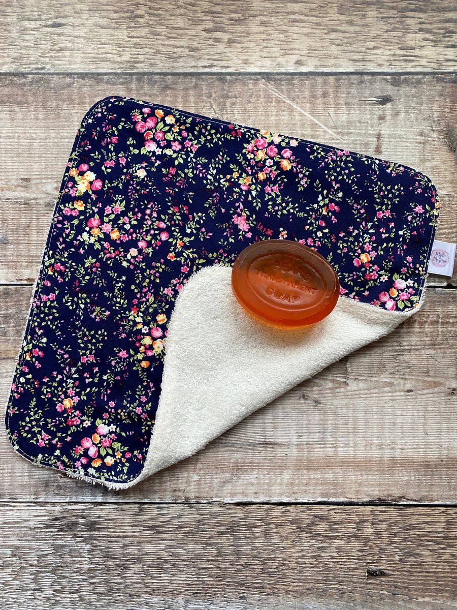 Organic Bamboo Cotton Wash Face Cloth Flannel Navy Micro Bright Flowers