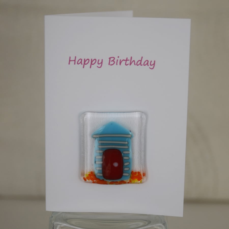Fused Glass Beach Hut Birthday Card