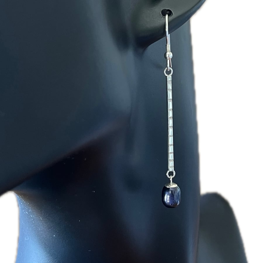 Petrol Blue Stripe Drop Earrings - Handmade, Sterling Silver