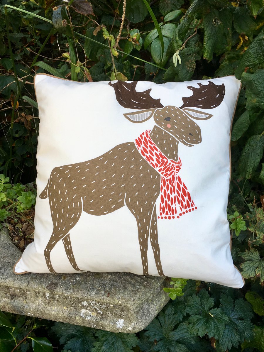Christmas Moose accent pillow, Square piped edge cushion, Xmas decor,
