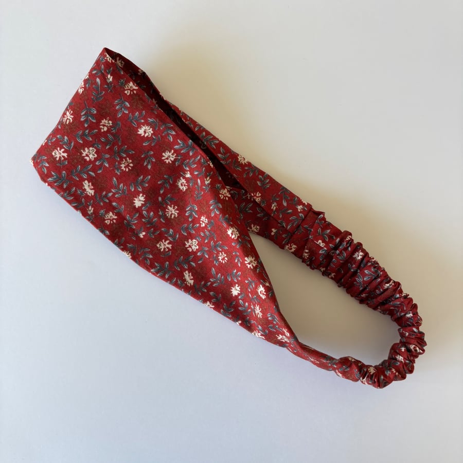 Cotton wide flat headband, yoga headband, wine and cream floral print