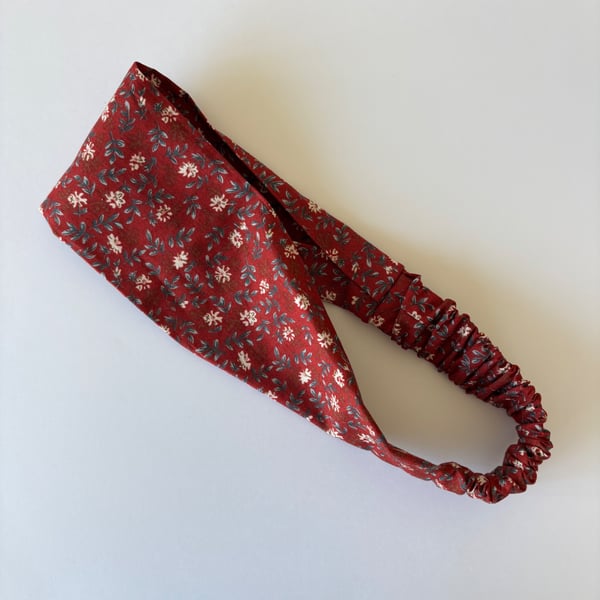 Cotton wide flat headband, yoga headband, wine and cream floral print