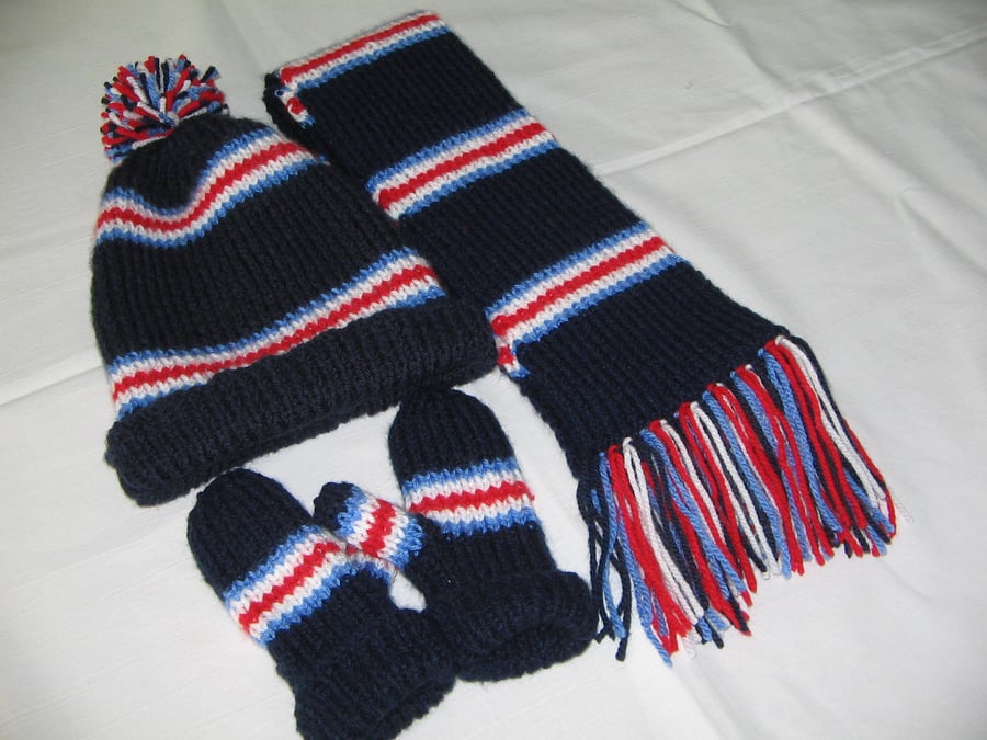 Hand Knitted Scarf Hat and Mitten Set
