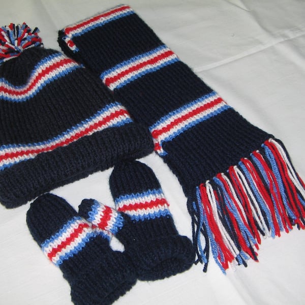 Hand Knitted Scarf Hat and Mitten Set