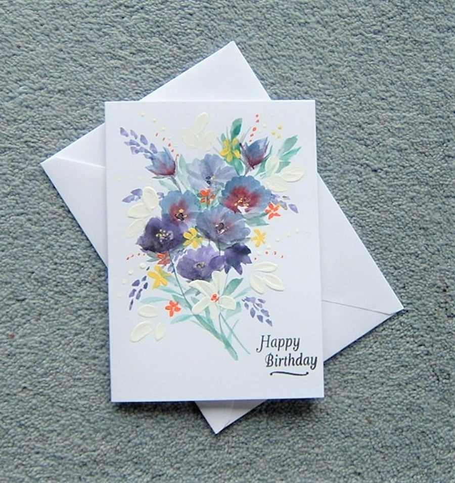 hand painted original art floral Birthday Card ( ref F139 )