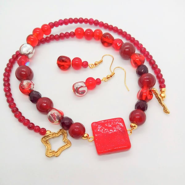 Garnet Red Beaded Necklace and Earrings Set, Gift for Her, 2 Piece Jewellery Set