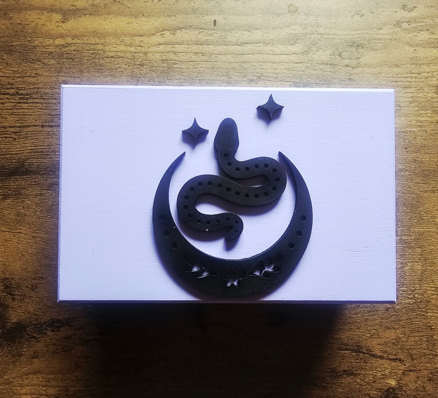 Celestial Snake & Moon Lilac Wooden Handmade Jewellery, Trinket, Keepsafe Box
