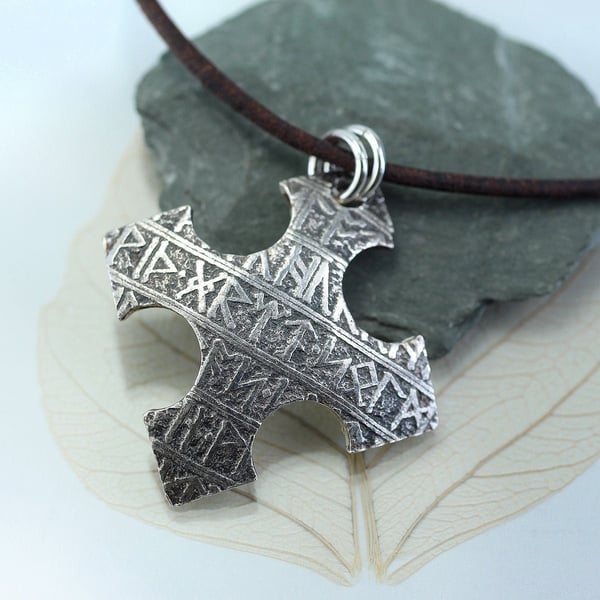 Viking Silver Cross Pendant with Rune Pattern - Necklace for Men