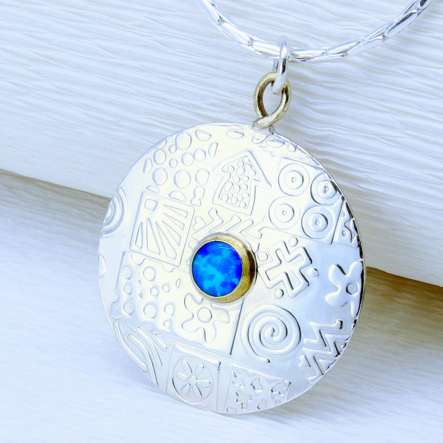 Opal pendant, large round sterling silver pendant necklace, silver chain