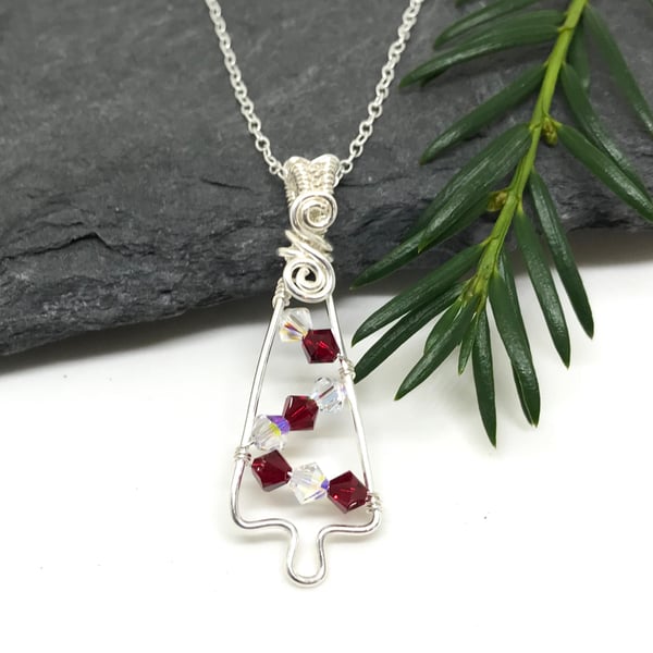 Christmas Tree Pendant, Sterling Silver, Swarovski Crystals, 