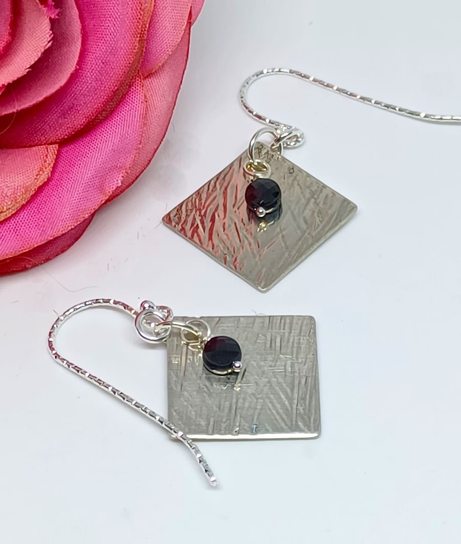 Hammered Texture Sterling Silver Diamond Earrings with Black Spinel Drops, Hamme