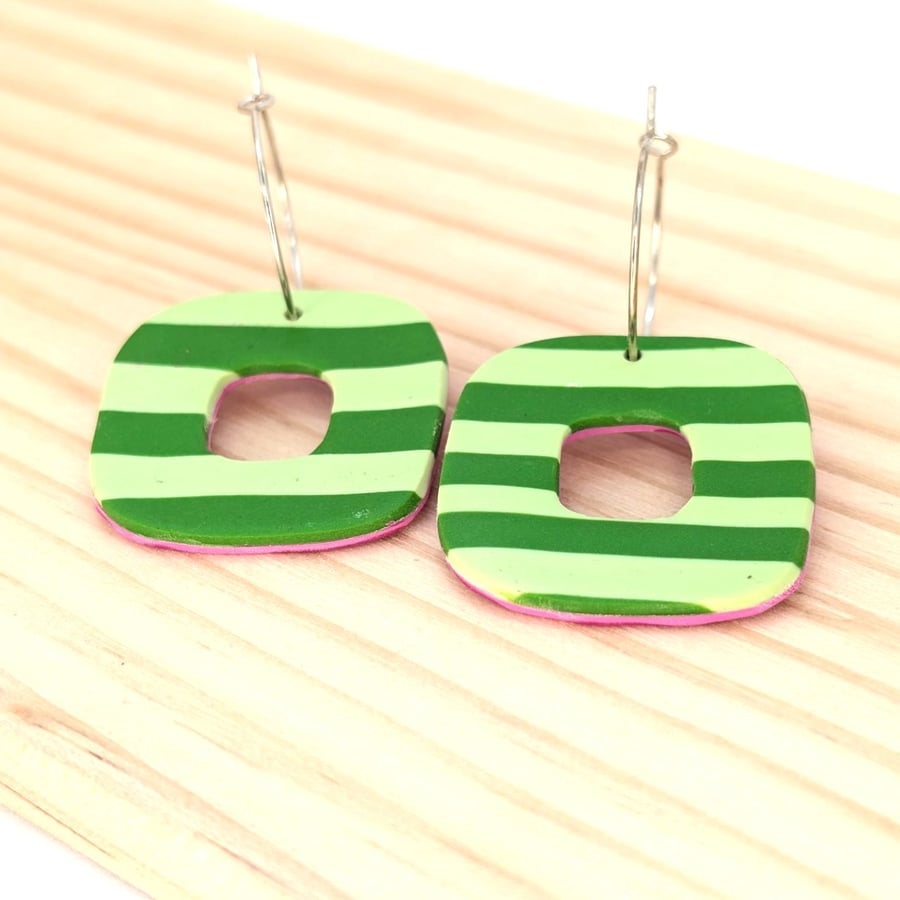 Green striped reversible pink earrings 