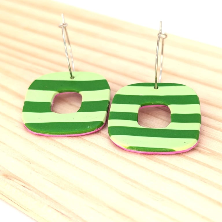 Green striped reversible pink earrings 