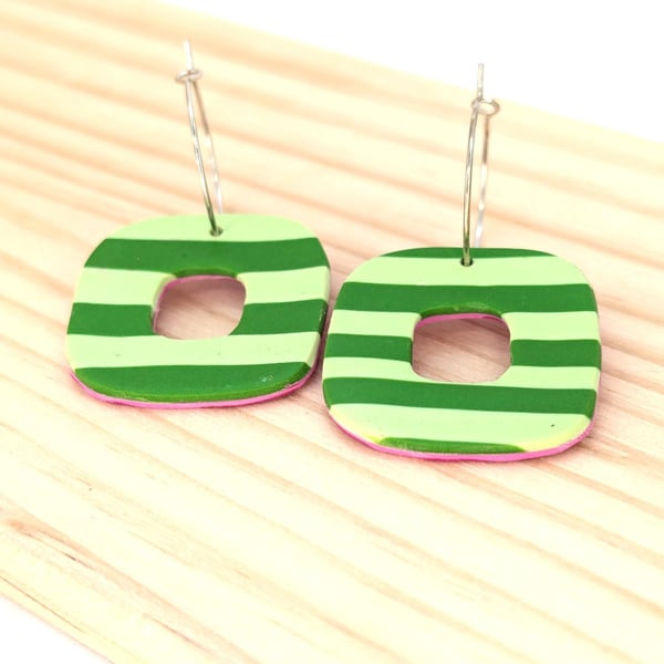 Green striped reversible pink earrings 
