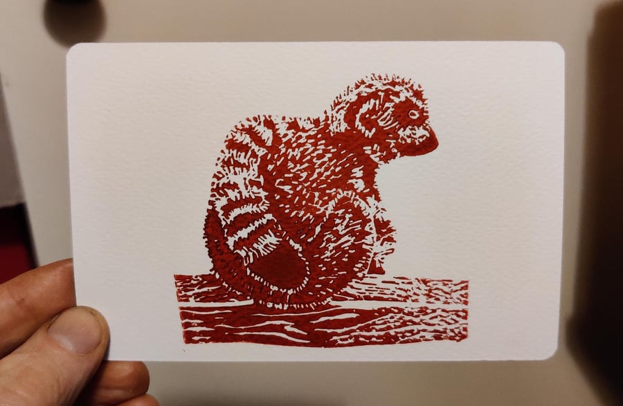 Original Lino Print of a lemur sitting watching tourists at a wildlife park