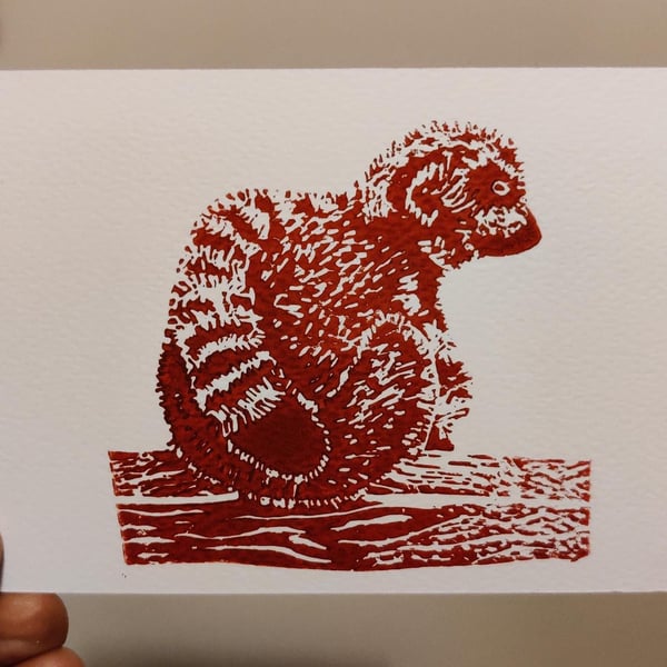 Original Lino Print of a lemur sitting watching tourists at a wildlife park