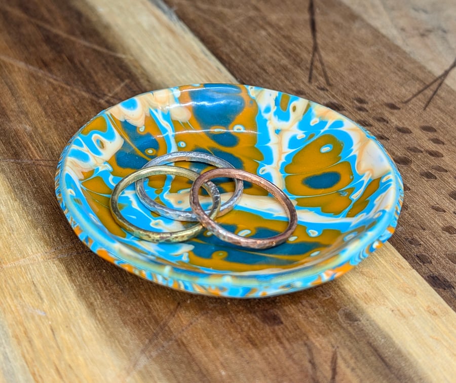 Orange and teal marble effect trinket Dish