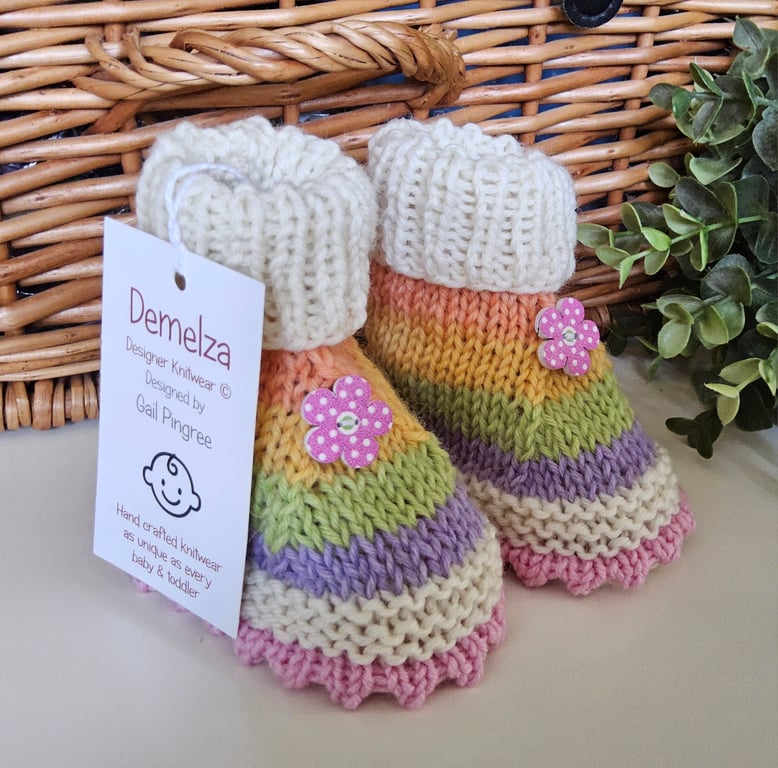 Designer Merino Wool Hand Knitted  Baby Girl's Booties  0-3 months size