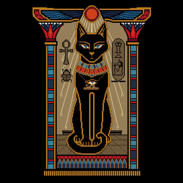 027 Bast Cat Ancient Egyptian Temple Godess using metallic gold Heiroglyphics