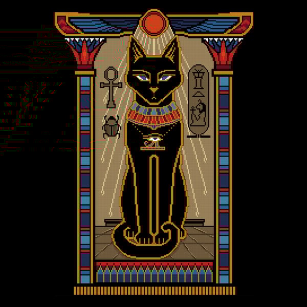 027 Bast Cat Ancient Egyptian Temple Godess using metallic gold Heiroglyphics