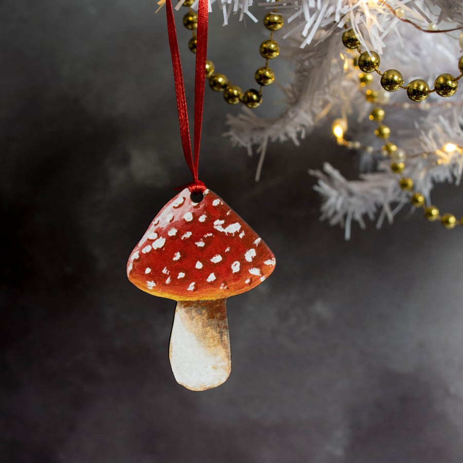 Woodland red mushroom hanging decoration. Spotted toadstool. Fairy tale