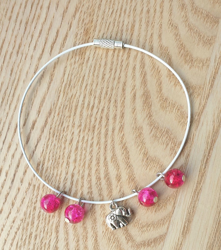 Pink Crackle Glaze Beads and Elephant Charm Bracelet 