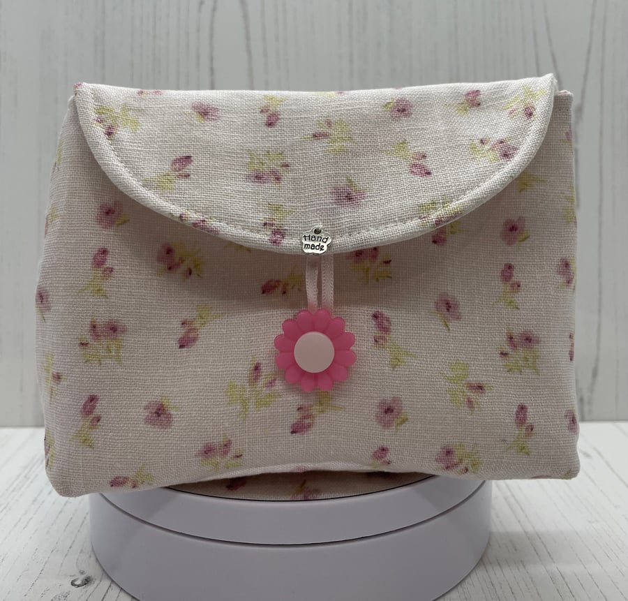 Lilac rosebud linen pouch, clutch, make up bag